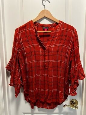 Vince Camuto Red Plaid Split-Neck Women's Blouse